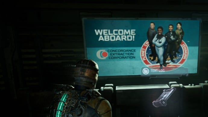 Dead Space image showing a Text Log next to a large Welcome Aboard sign.