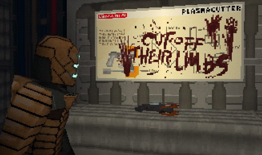 Isaac looks at the “cut off their limbs” sign in Dead Space Demake