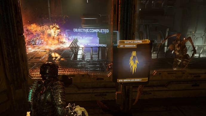 Dead Space image showing Isaac staring through a window and watching the Hunter being consumed by flames.