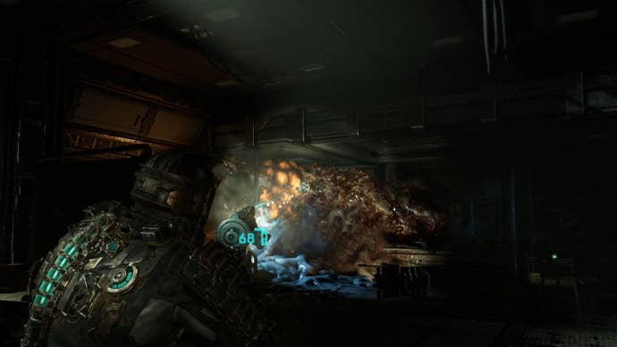 Dead Space image showing Isaac aiming at a yellow weak point on a Necromorph tendril.