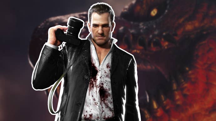 Frank West, from Dead Rising, stands holding a camera over the top of a blurred image of a dragon from Dragon’s Dogma 2.