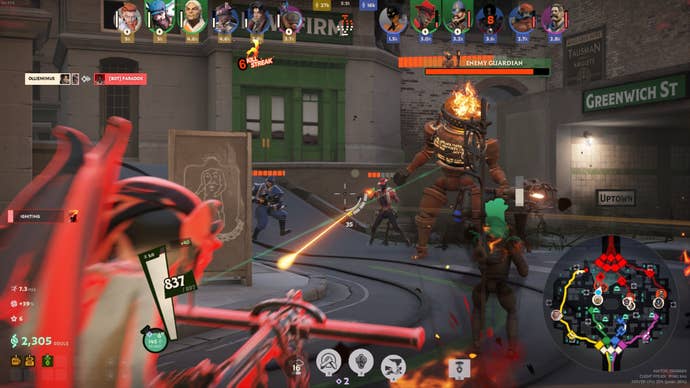 Ivy pushes a Guardian, defended by player-controlled enemies, in Deadlock.