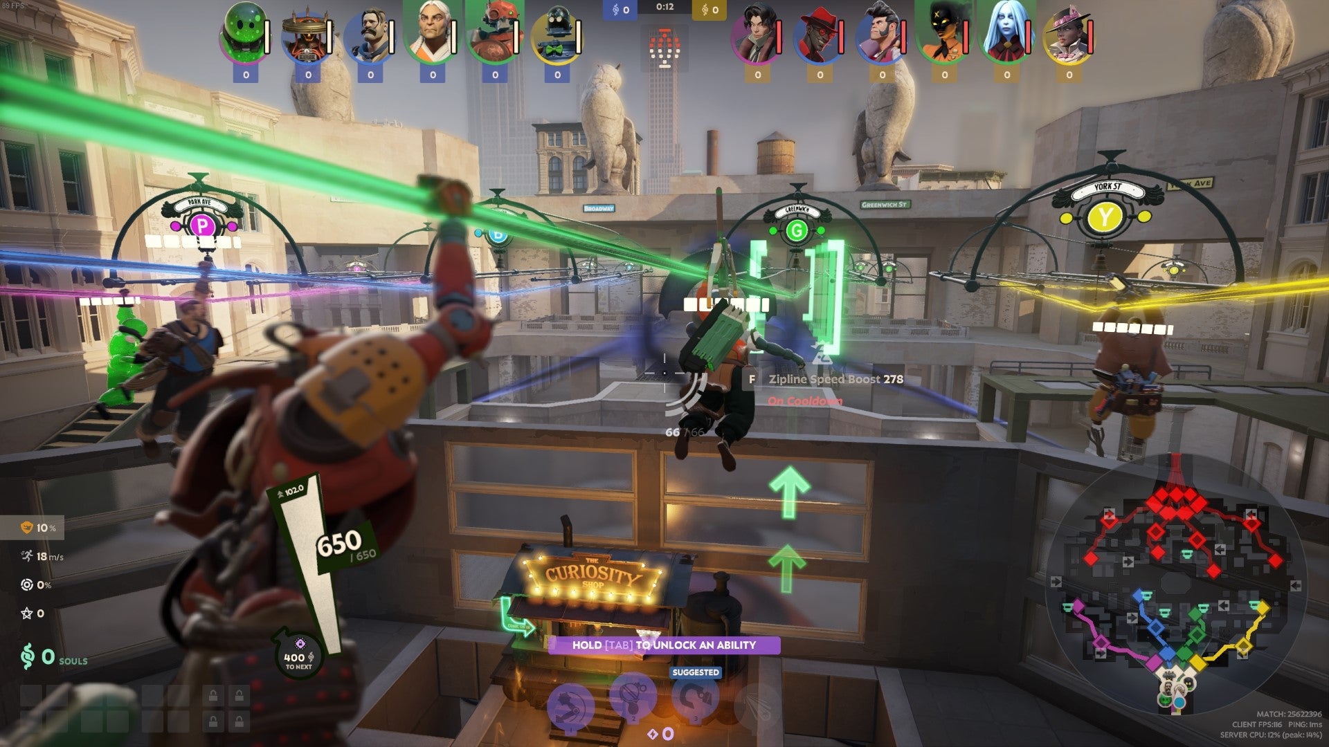 From Ivy's perspective, a Deadlock team performs the initial zipline rollout from their base. - 3