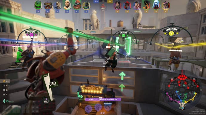 From Ivy’s perspective, a Deadlock team performs the initial zipline rollout from their base.