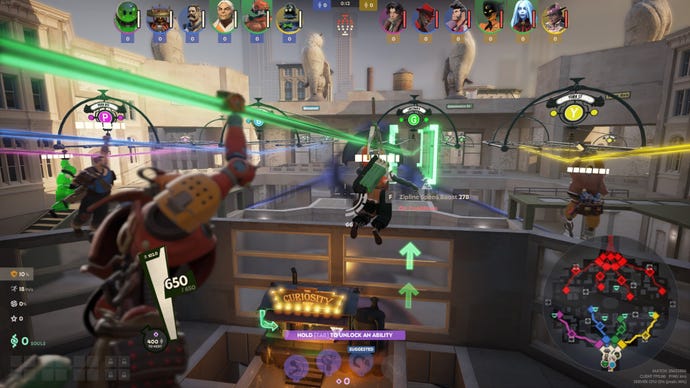 From Ivy’s perspective, a Deadlock team performs the initial zipline rollout from their base.