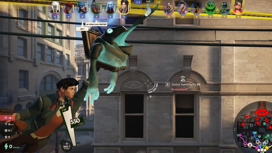 Riding on a skyrail using a frog tongue in Deadlock.