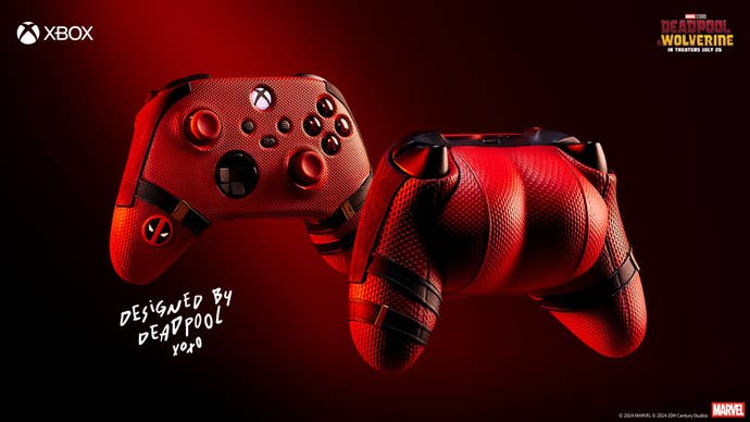 Image of the front and back of the Deadpool themed Xbox controller