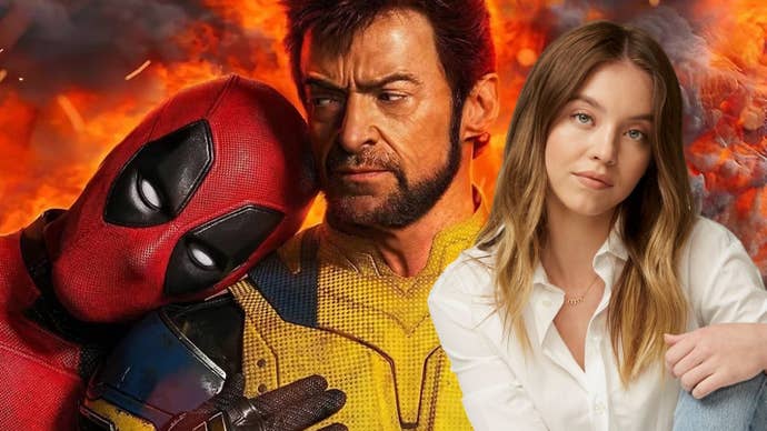 Deadpool cuddles into Wolverine as flames blaze behind. An image of Sydney Sweeney is overlayed on top