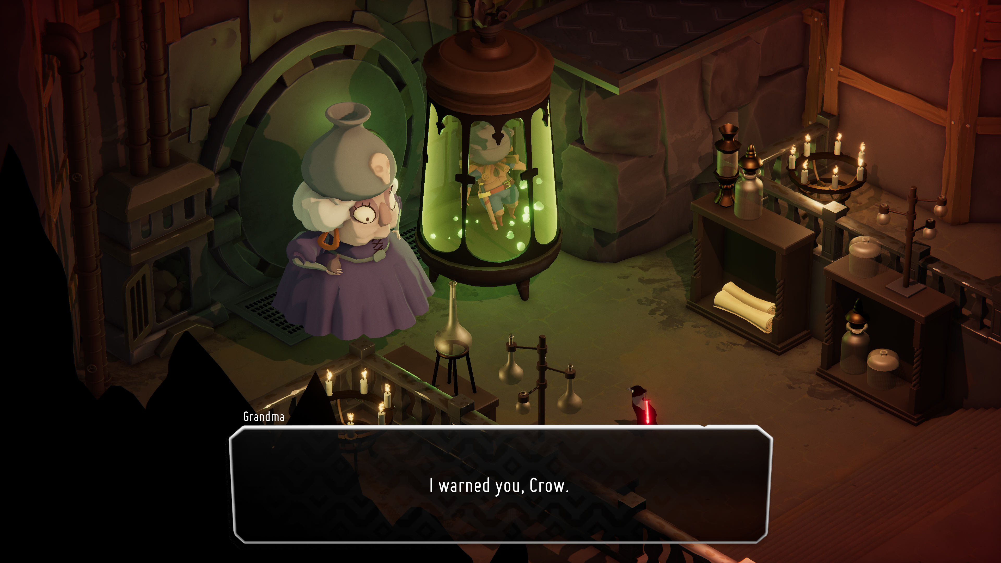 Death&rsquo;s Door screenshot showing a giant witch lady with a pot on her head, amongst bubbling jars and candles in a basement, saying &ldquo;I warned you, crow."
