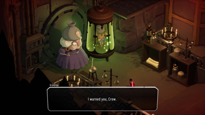 Death's Door screenshot showing a giant witch lady with a pot on her head, amongst bubbling jars and candles in a basement, saying "I warned you, crow."