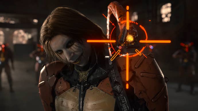 Close up on Higgs from Death Stranding 2 with KISS-esque makeup and holographic target on his wrist