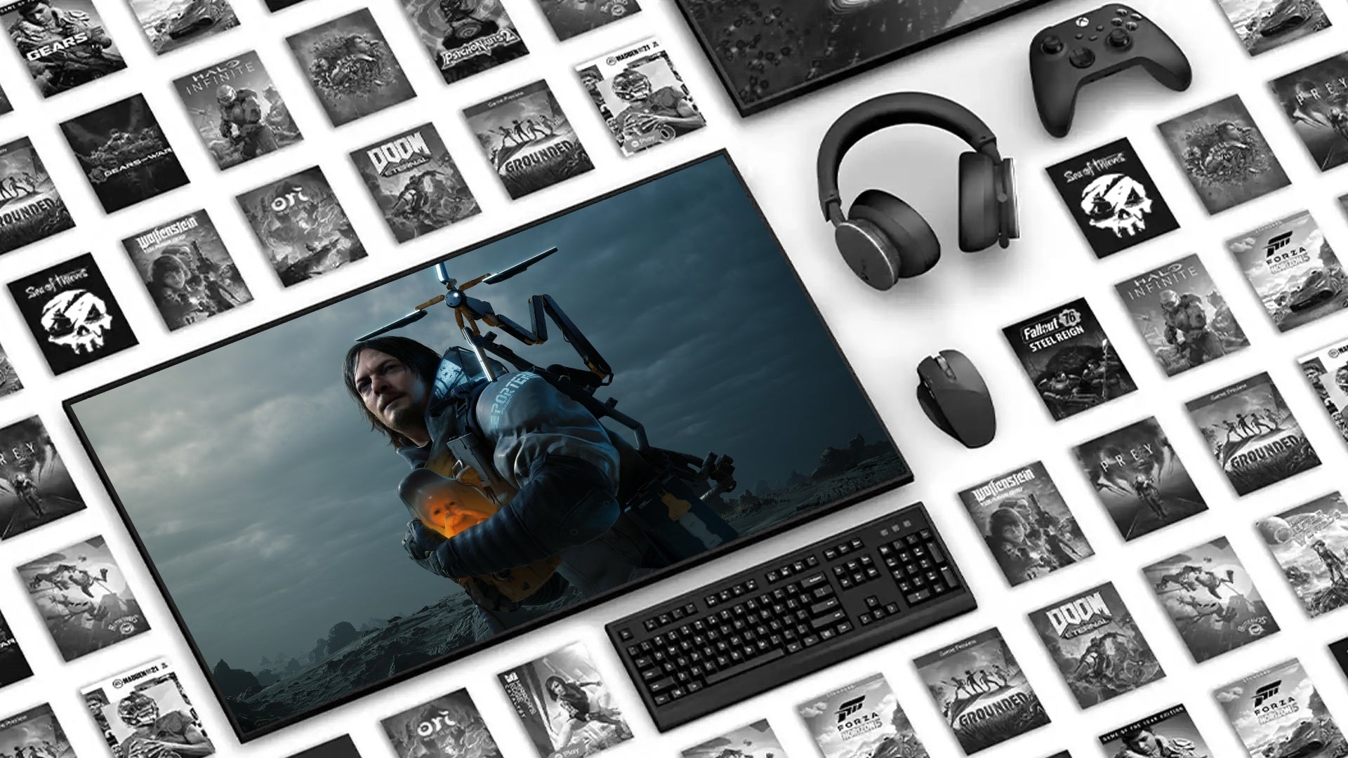 A black and white collection of games available on Game Pass, with a coloured screen of Death Stranding in the middle. - 4