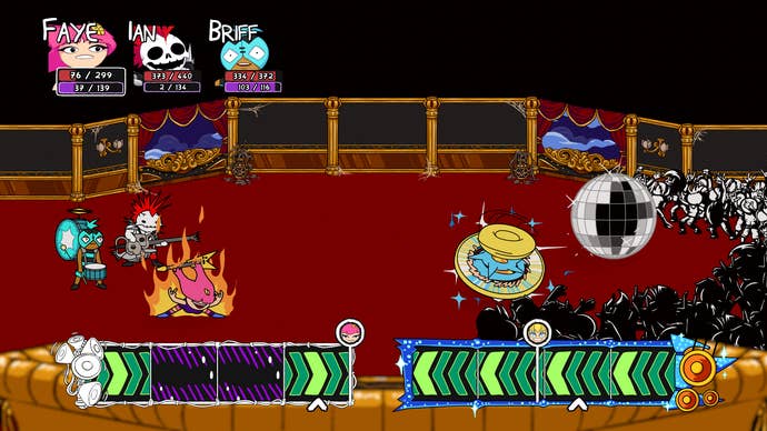 Faye performs a hair-shredding guitar move in Deathbulge: Battle of the Bands.