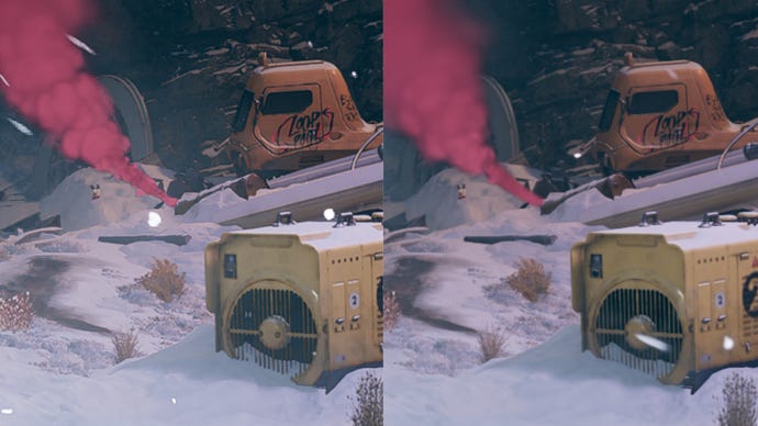 A comparison image showing a snowy scene in Deathloop. On the left is the scene rendered with FSR 2.0, on the right is it rendered with DLSS.