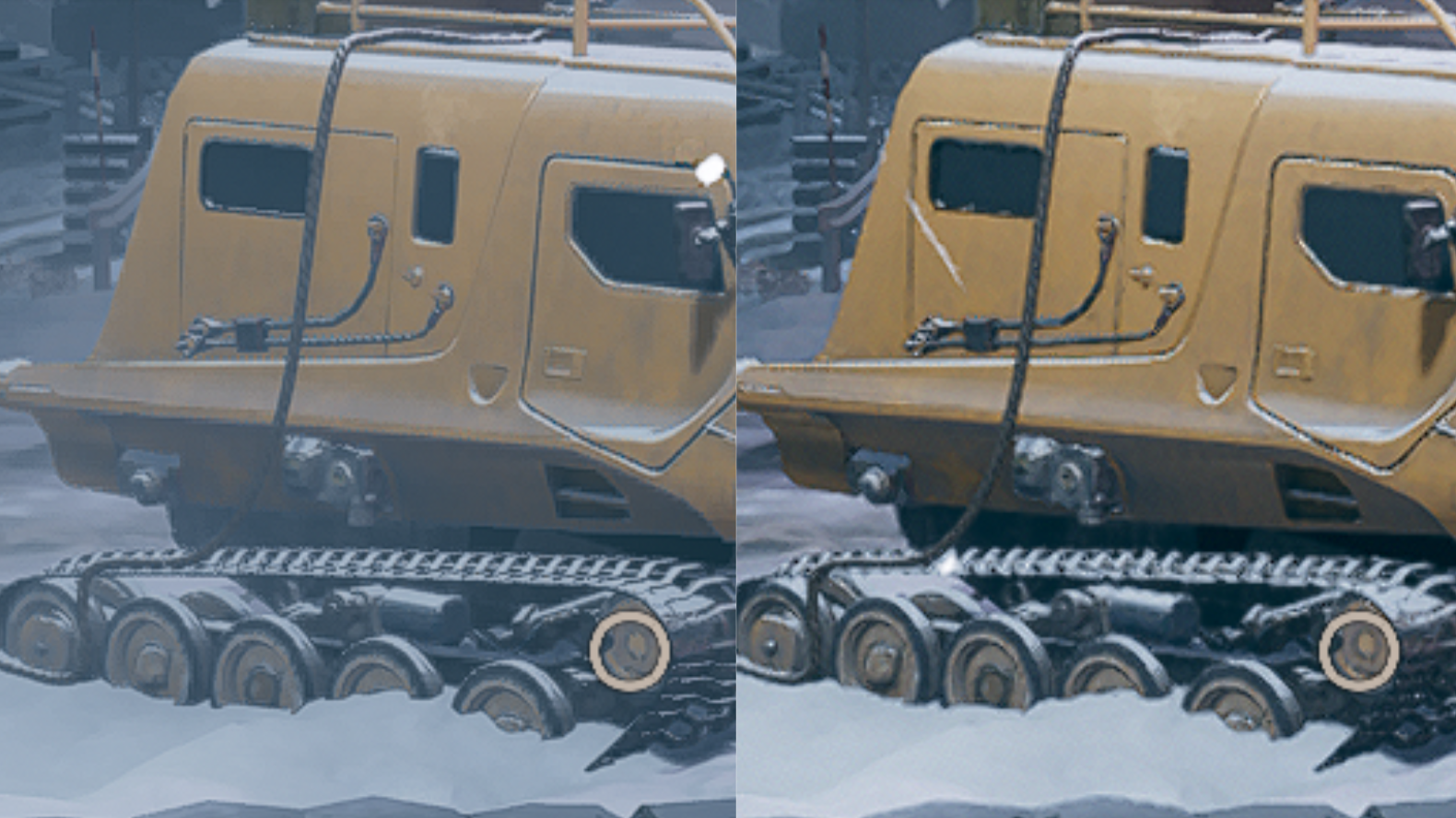 A comparison image showing a snowy scene in Deathloop. On the left is the scene rendered with FSR 2.0, on the right is it rendered with FSR 1.0.