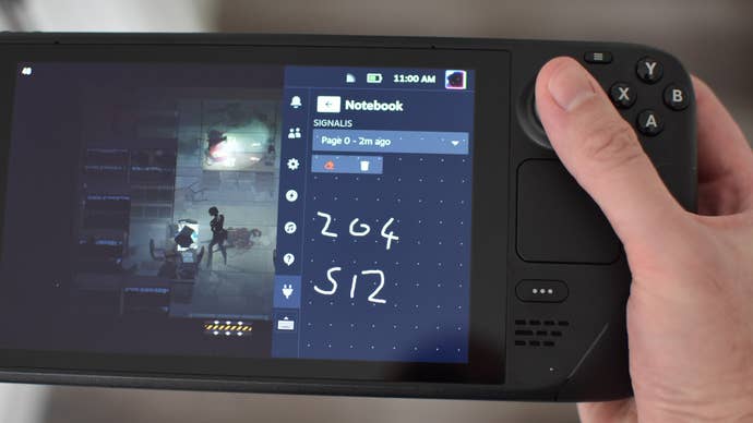 Using Decky Loader’s Notebook plugin to keep track of a safe combination in Signalis, on a Steam Deck.