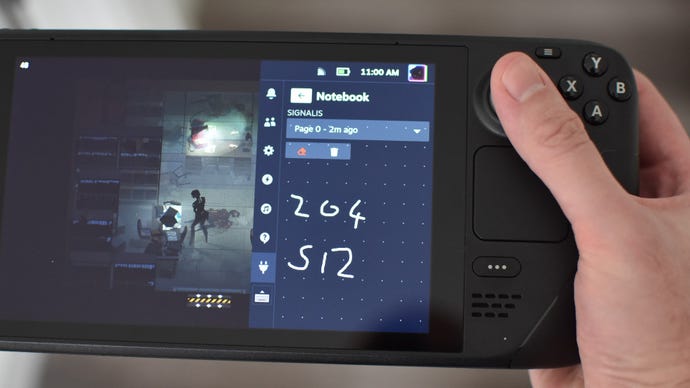 Using Decky Loader's Notebook plugin to keep track of a safe combination in Signalis, on a Steam Deck.