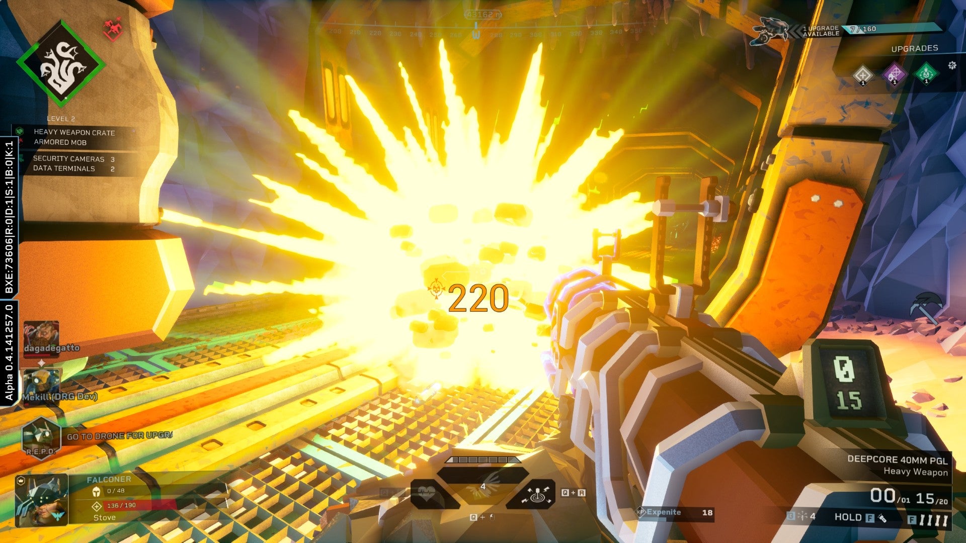 A grenade launcher deals big damage (and a big explosion) in Deep Rock Galactic: Rogue Core.