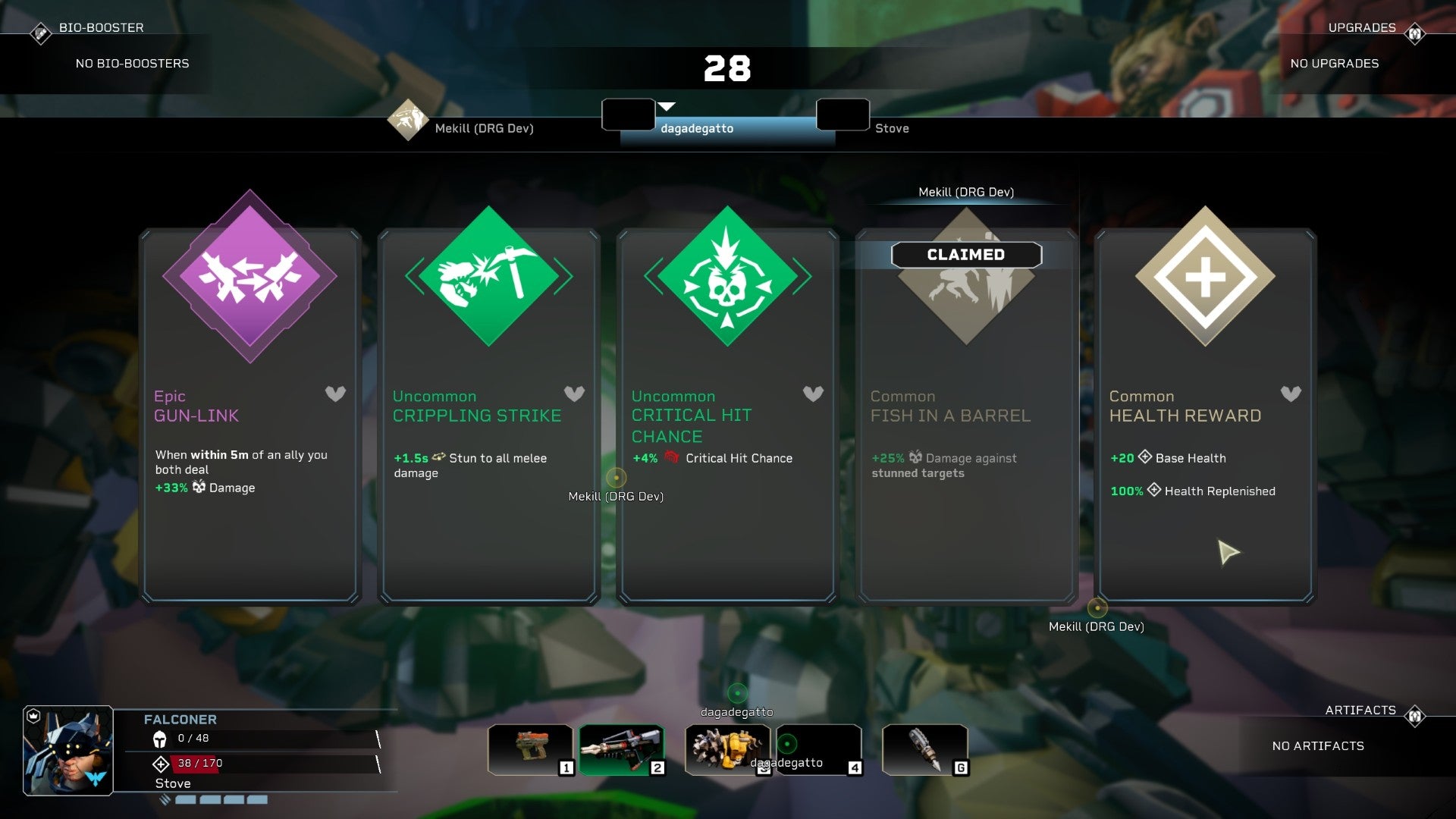 A choice of upgrades in Deep Rock Galactic: Rogue Core.