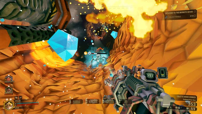 Holding off Glyphids as the Drillevator descends in Deep Rock Galactic Season 5.