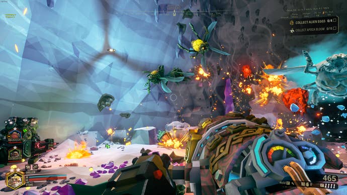 A Gunner using his grenade launcher overclock in Deep Rock Galactic Season 5.