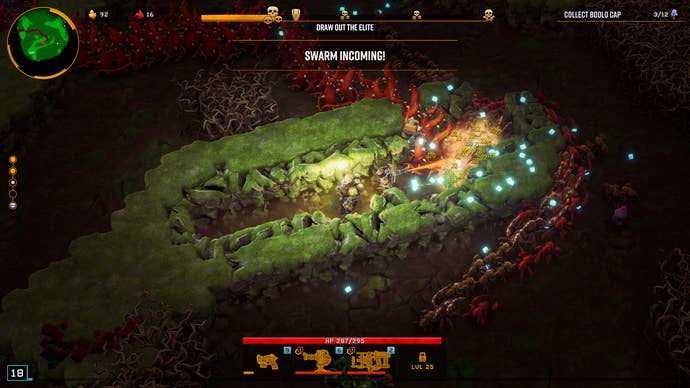 In Deep Rock Galactic: Survivor, a Driller sits in a freshly-carved tunnel while alien Glyphids walk into his flamethrower trap.