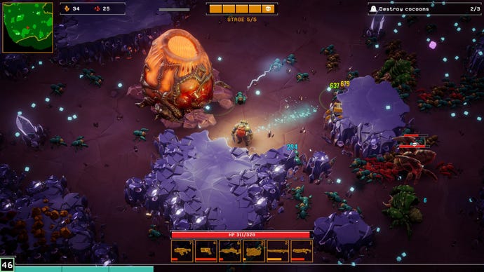 A dwarf battles bugs in the shadow of a massive Dreadnought cocoon in Deep Rock Galactic: Survivor.