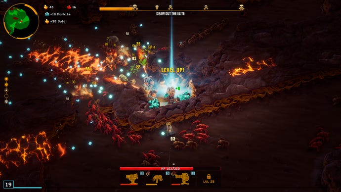 In Deep Rock Galactic: Survivor, an Engineer levels up while mining minerals amid a swarm of aliens.
