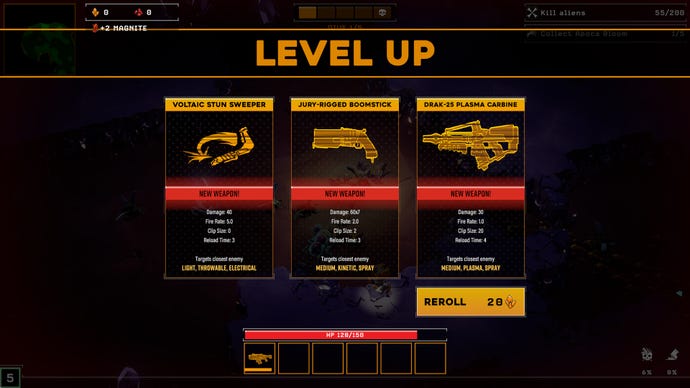 One of the level up screens in Deep Rock Galactic: Survivor, showing three new weapon unlocks to choose from.