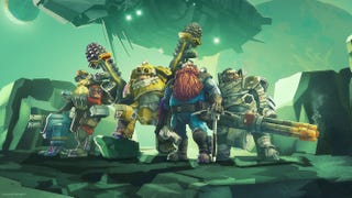 Four sci-fi Dwarfs give heroic poses in Deep Rock Galactic