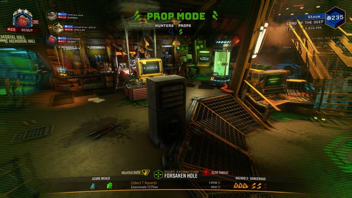 A cabinet searches for a hiding spot in in Deep Rock Galactic’s prop hunt minigame.