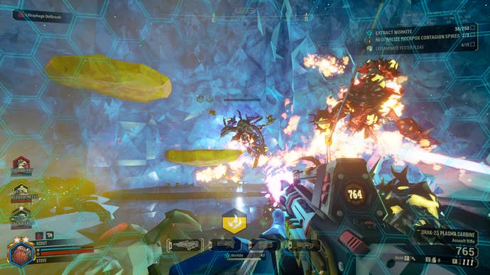 Fighting Roxkpox-infected Glyphids in Deep Rock Galactic Season 3.