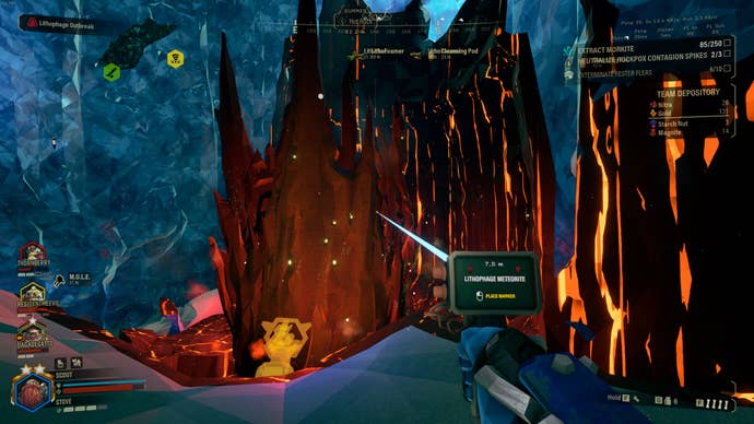 Pointing out a freshly fallen Lithophage meteorite in Deep Rock Galactic Season 3.