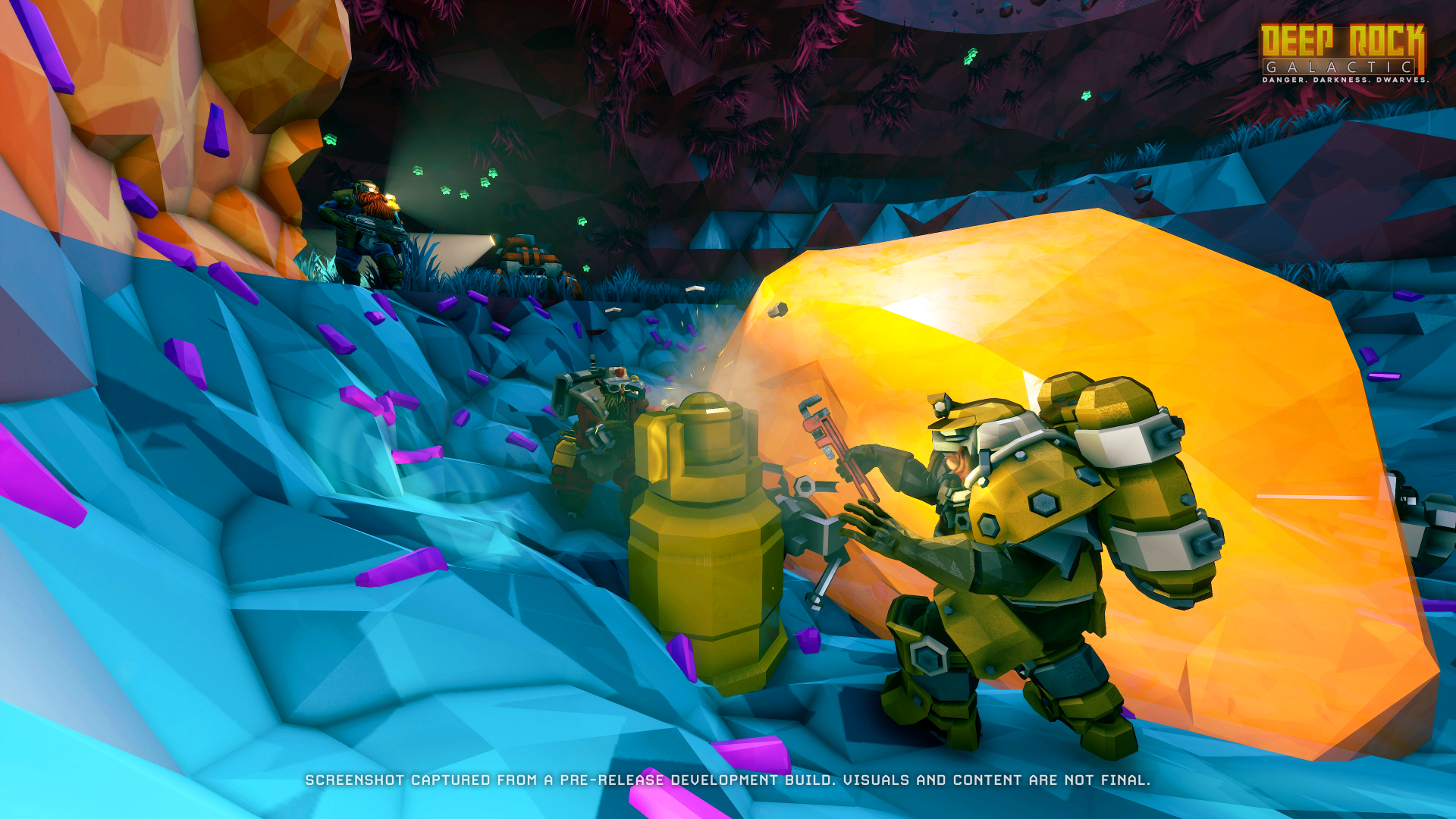 Dwarven miners prepare a huge chunk of amber for a rocket-propelled extraction in Deep Rock Galactic season 6.