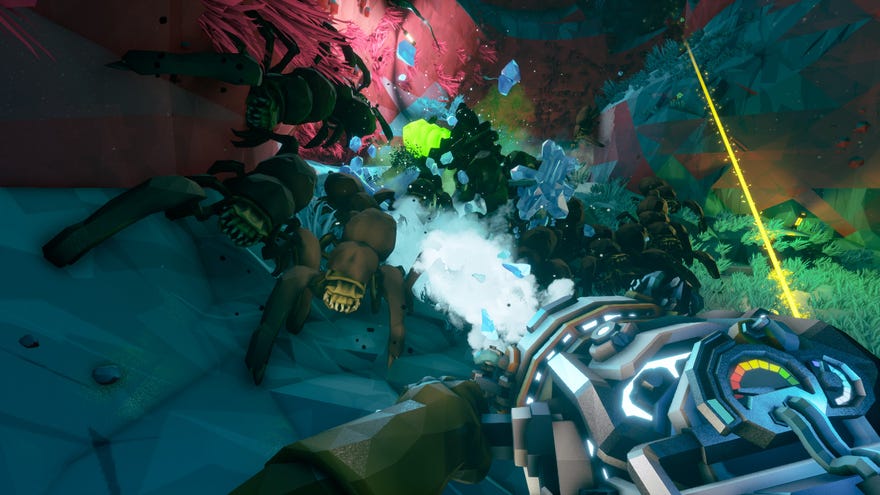 Shooting a swarm of aliens with the Cryo Cannon in Deep Rock Galactic.