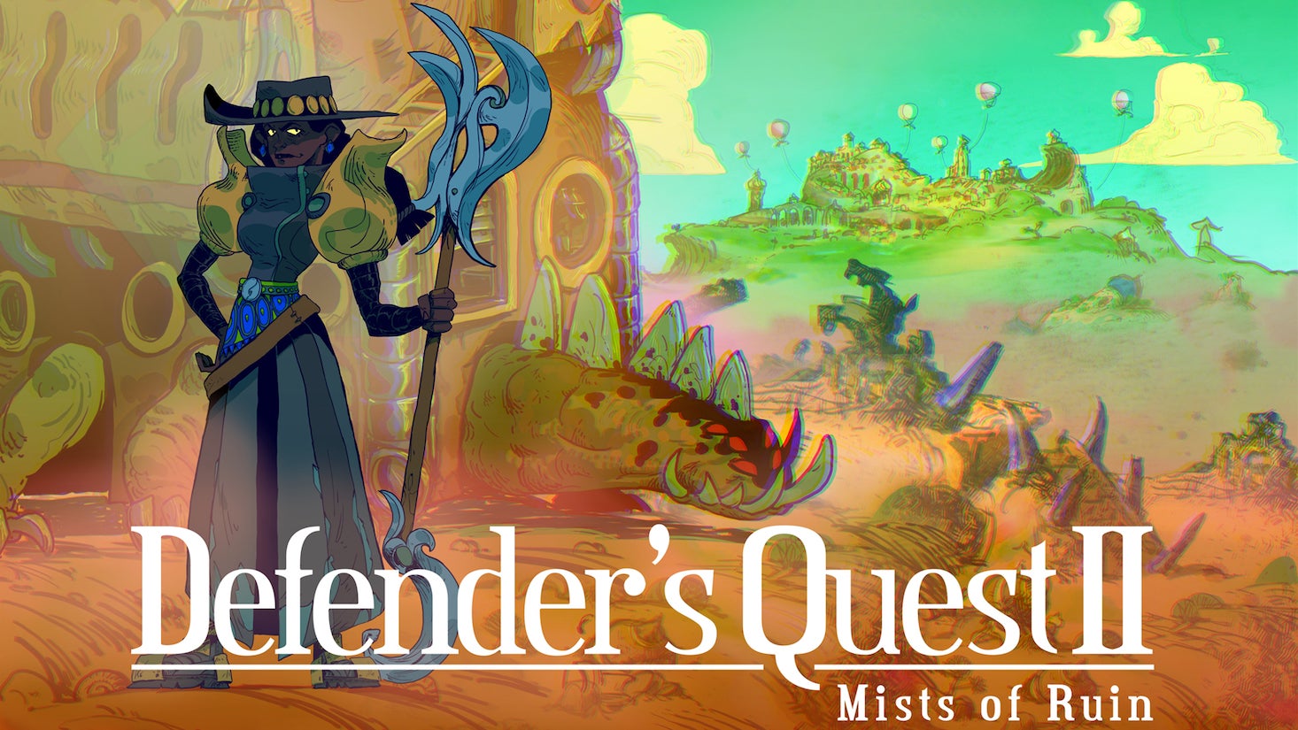 Faceless figure in a dark dress holds a staff while standing in a desert. Artwork for Defender&rsquo;s Quest 2: Mists Of Ruin