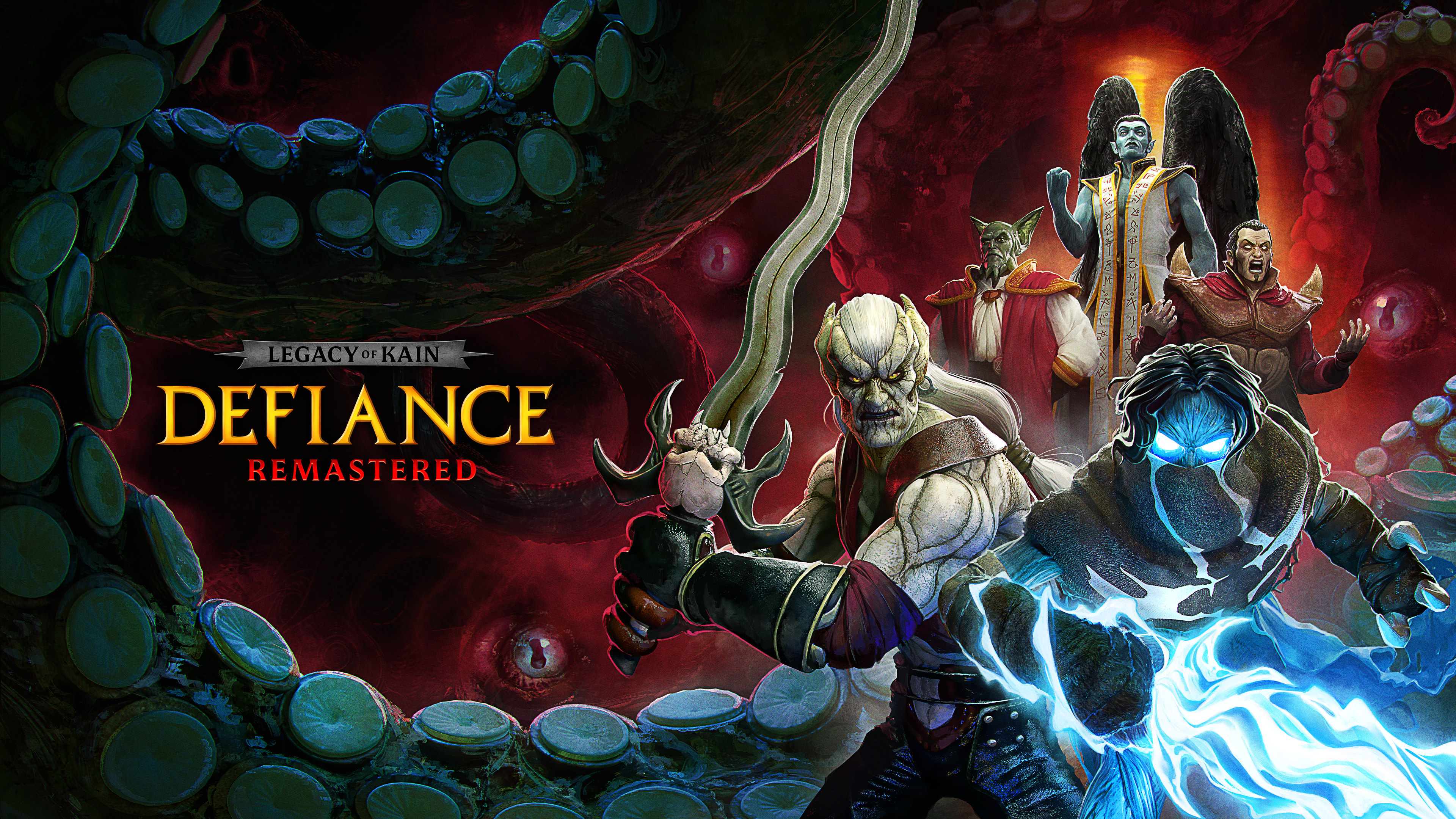 Key art of LoK Defiance, featuring ensemble characters, a red background, and squid tentacles
