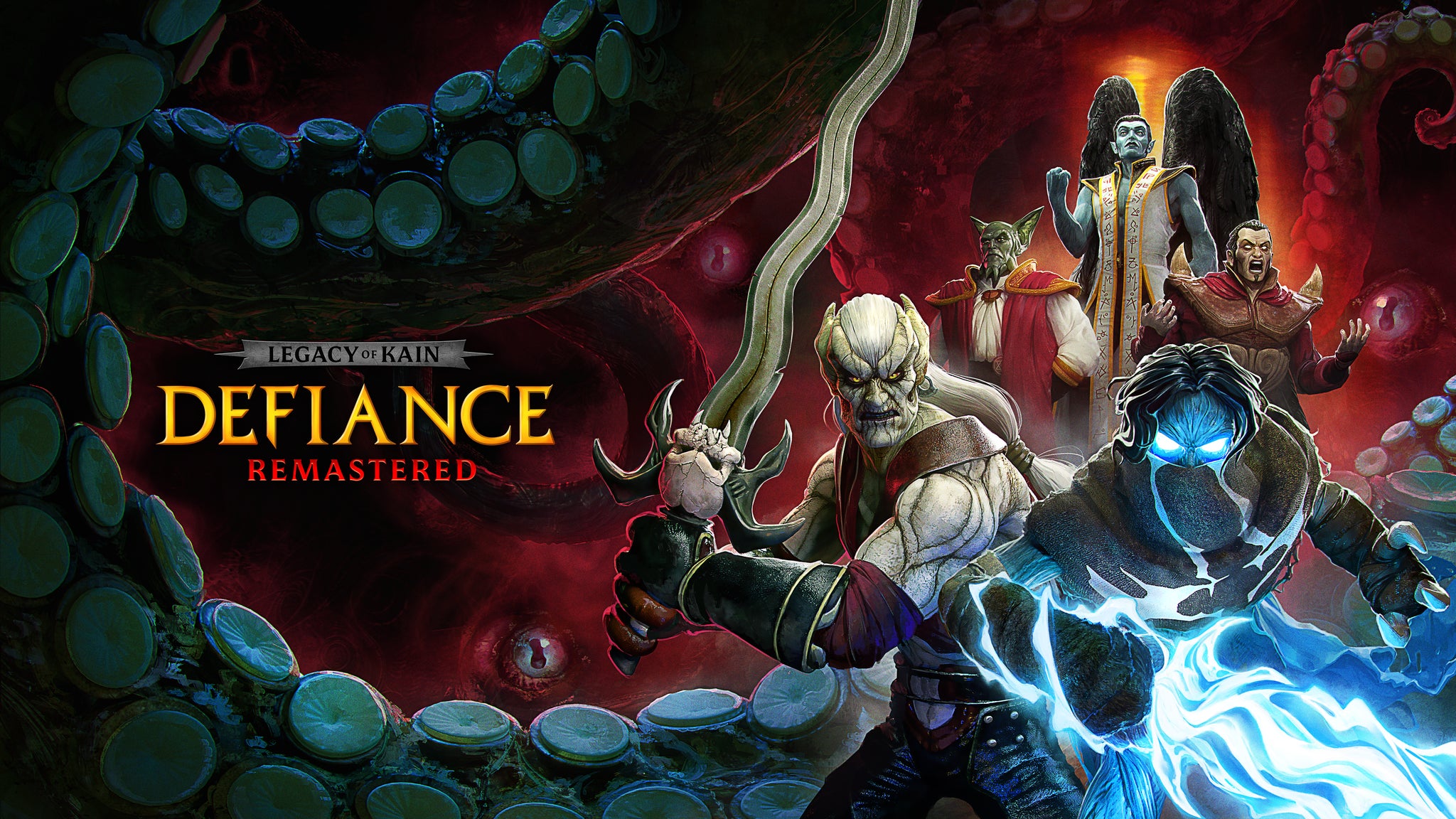 Key art of LoK Defiance, featuring ensemble characters, a red background, and squid tentacles