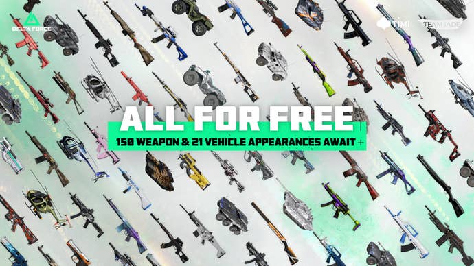 Collage of weapons and vehicles coming for free to Delta Force.