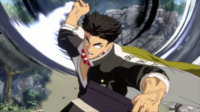 Demon Slayer: The Hinokami Chronicles 2 screenshot showing fighter with dark hair and a green and white cape in mid-punch