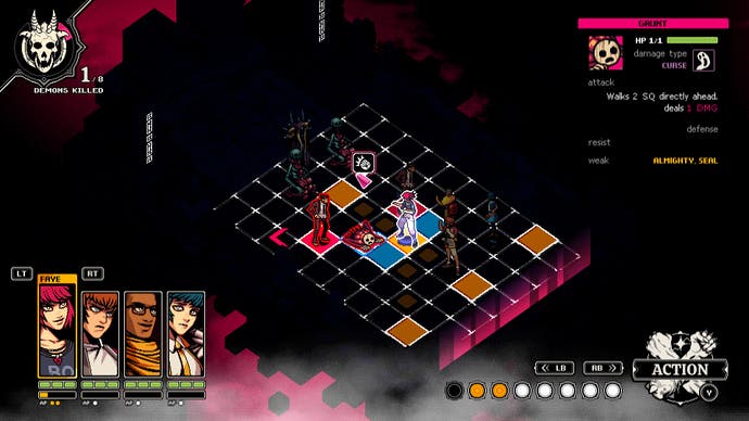 A turn-based grid battlefield in Demonschool with a team of four heroes
