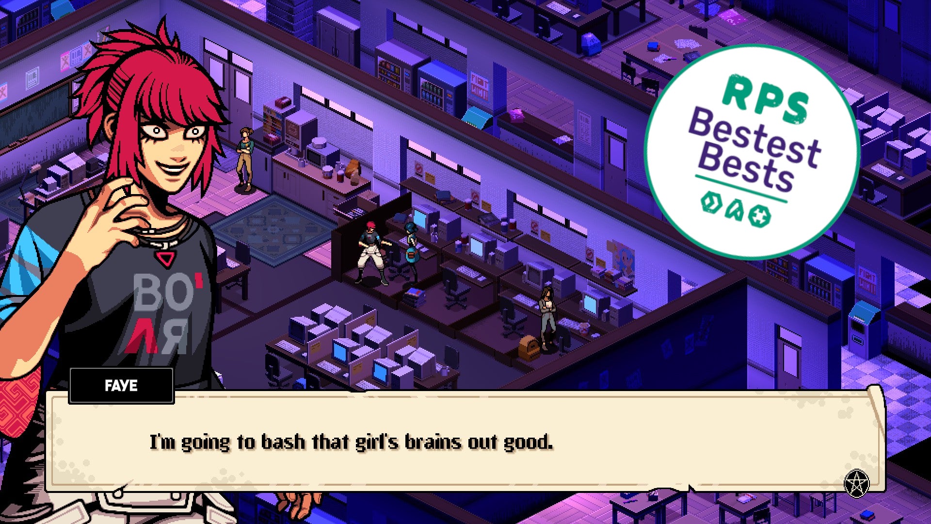 Demonschool leading lady Faye excitedly declares violent intent towards a fellow student in the the IT lab. The RPS Bestest Bests badge is added in the top-right corner. - 1