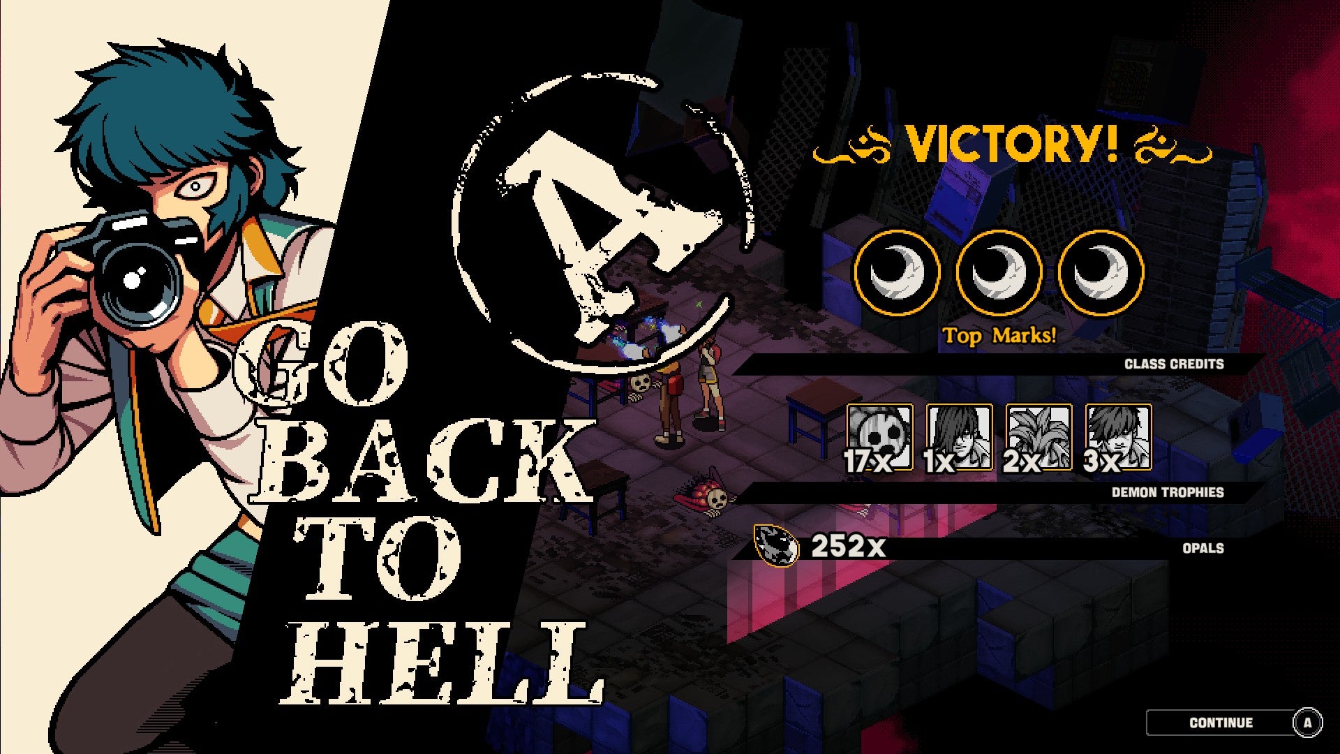 A victory screen, showing the player's rewards, in Demonschool. - 6