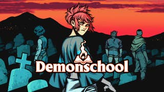 Demonschool trailer screenshot showing female cartoon character stood among graves with the game logo over the top