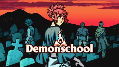 Demonschool trailer screenshot showing female cartoon character stood among graves with the game logo over the top