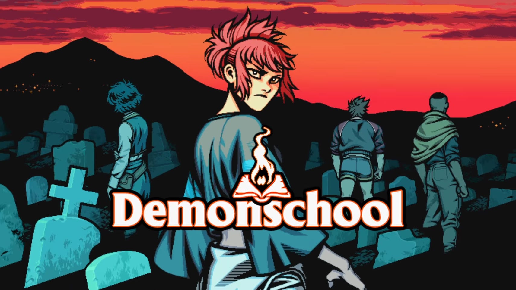 Demonschool trailer screenshot showing female cartoon character stood among graves with the game logo over the top