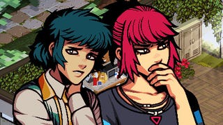 Two animated characters from Demonschool, one with green/blue hair and one with pink hair, standing in thoughtful poses