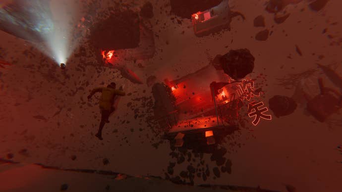 A trippy collection of rubble, neon, floating rocks and red light as men try to leap from platform to platform.