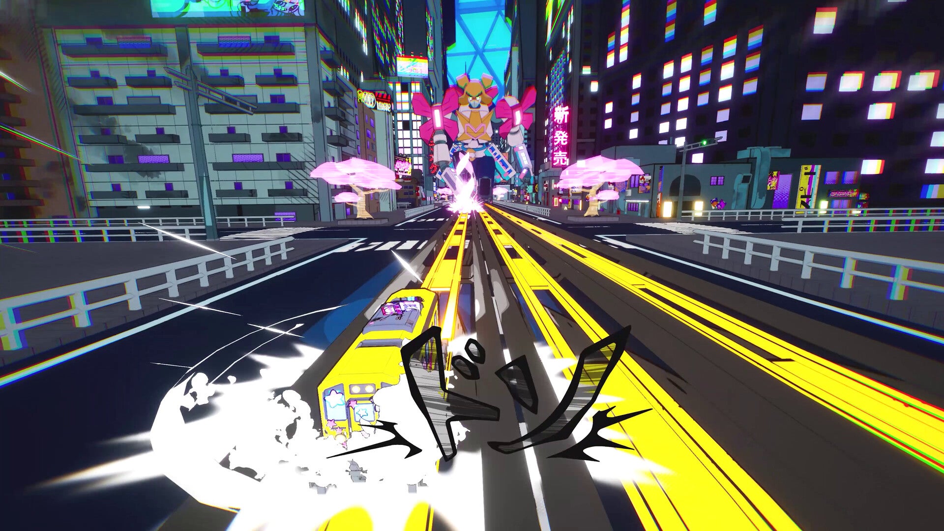 A yellow train speeding towards the camera in a modern cartoon city, from Denshattack.