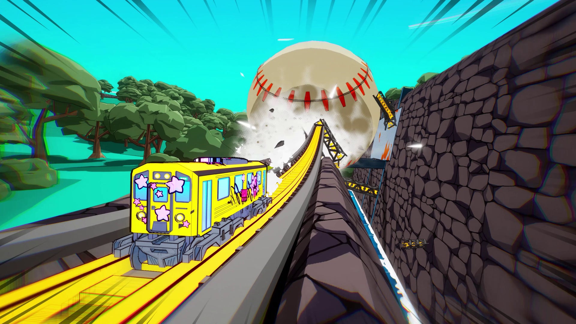 In Denshattack, your train flees as a giant baseball rolls towards it, destroying the track.